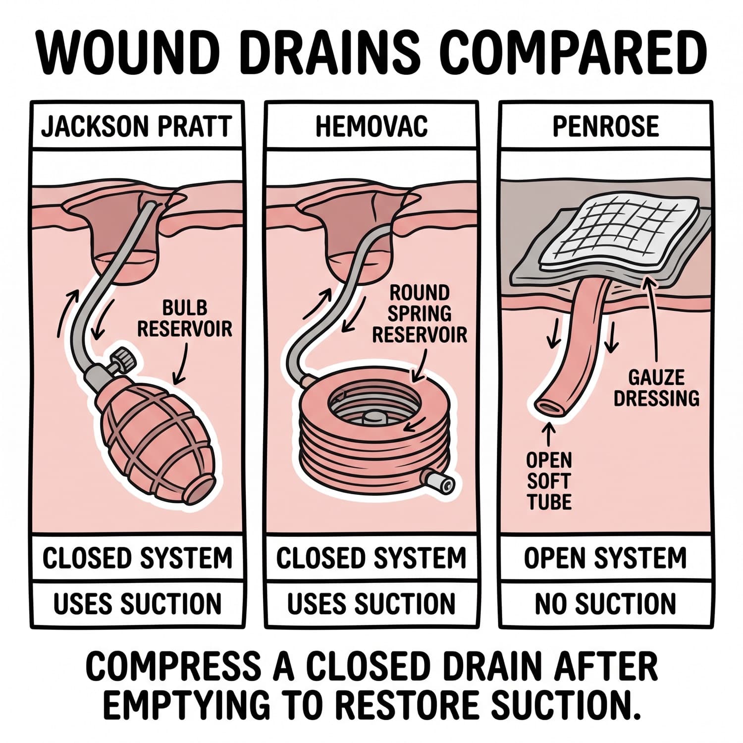 Jackson-Pratt, Hemovac and Penrose drains compared by whether each is open or closed and uses suction.