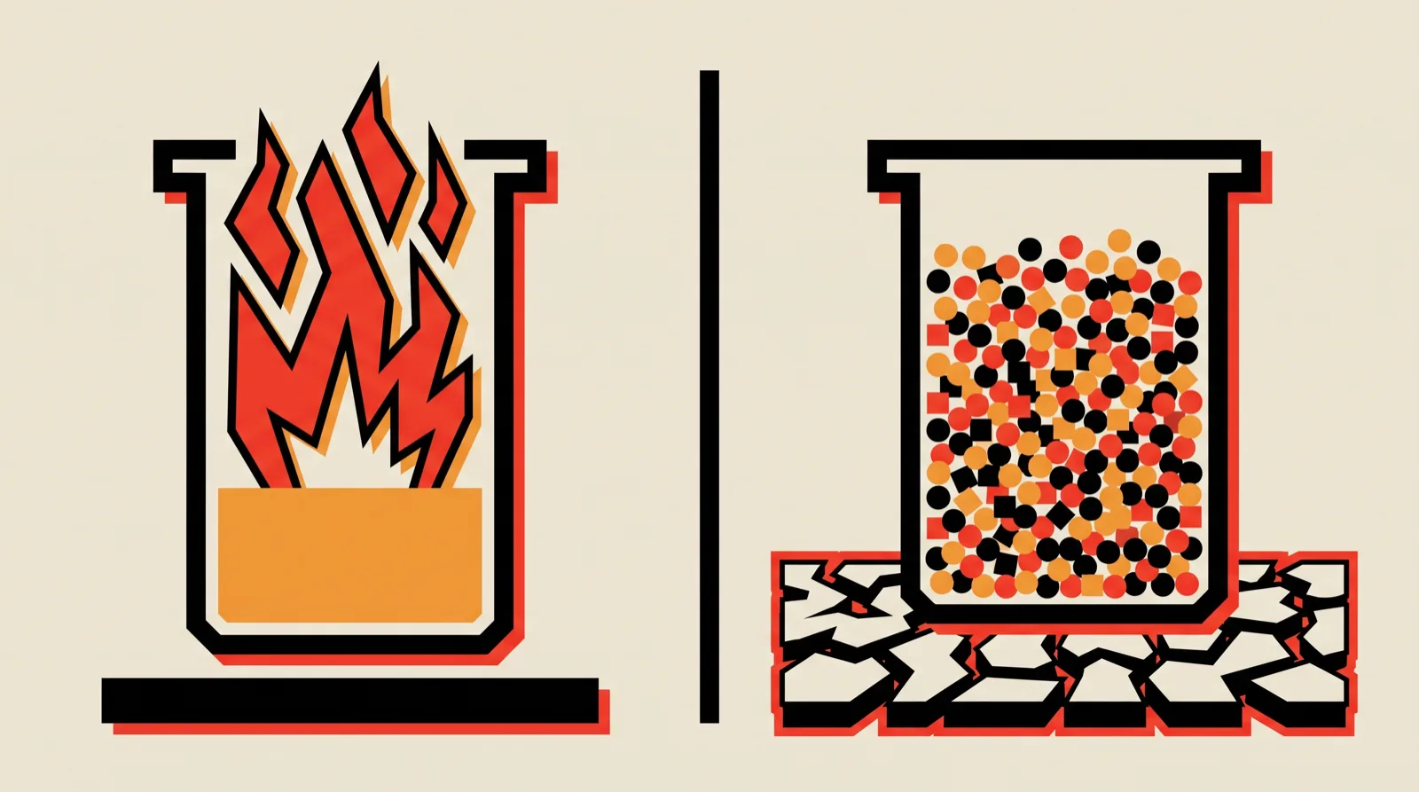 Two beakers side by side: one moderately full with flames rising from it, one packed almost solid over cracked dry ground.