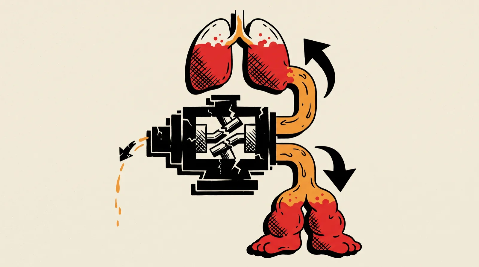 A broken pump with fluid backing up into the lungs above and the legs below, while only a weak trickle leaves it forward.