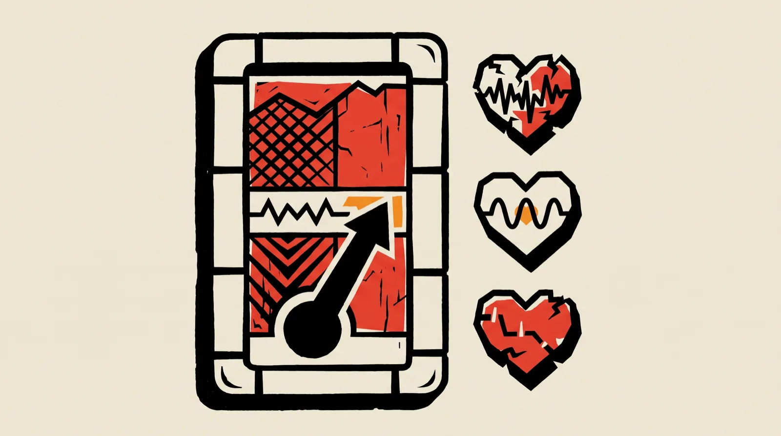 A gauge whose safe band is a thin sliver between two large red danger zones, beside three hearts beating normally only in that middle band.
