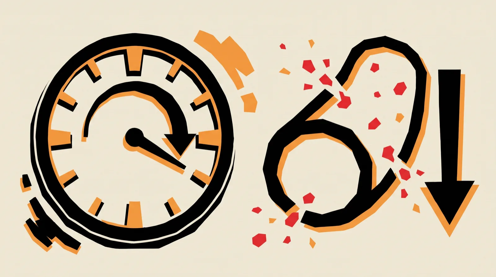 A clock with its hand sweeping beside a blood vessel stretched slack and open, particles leaking out through its wall as pressure falls.